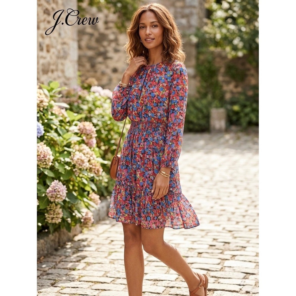J.Crew Floral Smocked Waist Long Sleeve Mini Dress Red Blue Tiered Ruffle Hem